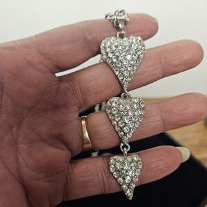 Vintage 18 KGP Silver-tone Triple Hearts Rhinestone Drop Pendant Necklace